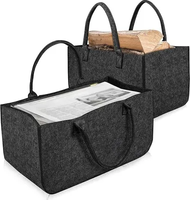 Produktbild von JOIEYOU Koš na palivové dřevo Plstěný koš na palivové dřevo s uchy pro přenášení Skládací plstěné tašky Shopper taška na palivové dřevo a noviny, nákupní taška 50 x 25 x 25 cm - 2 kusy antracitová barva