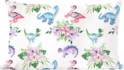 Produktbild von MuchoWow® Zierkissen Sofakissen Wohnzimmer Dekokissen 60x40 cm Dinosaurier - Kinderzimmer - Blumen - Mädchen - Kinder - Rosa - Kind - Kopfkissen - Polster mit Foto