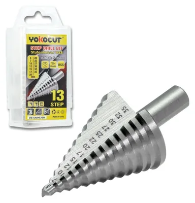 Obrázek produktu pro Vrtačka s stupňovitými vrtáky, průměr 5-35 mm, HSS, 13 stupňů, stopka 10 mm, pro kov, ocel, dřevo, plasty