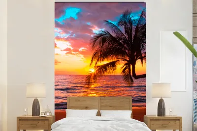 Produktbild von MuchoWow® Fototapete für Wohnzimmer oder Schlafzimmer Wandtapete Vinyl Motivtapete Palme - Sonnenuntergang - Strand - Meer - Horizont - 195x300 cm - Das Hintergrundbild