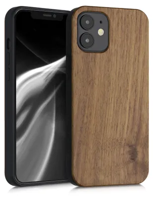 Produktbild von kwmobile Handyhülle für Apple iPhone 12 mini Hülle Holz - Case mit TPU Bumper - Stoßfestes Hardcase - Schutzhülle Cover in Dunkelbraun