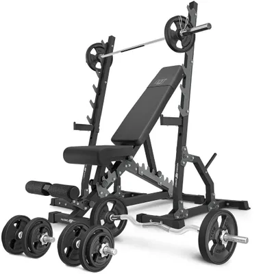Immagine prodotto di Marbo Sport - Set MS24_2.0_83KG_G | panca bifacciale + supporto multilivello (2 pezzi) + barra gommata e set di piastre pesi 83 kg