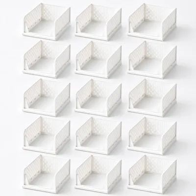 Produktbild von Deuline 15 x Schrank-Organizer klappbar, Kleiderschrank-Organizer stapelbar, ausziehbarer Korb, Aufbewahrung und Organisation, Kunststoff, Weiß 521162