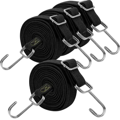 Produktbild von Spanngummis mit Haken 4er Set 200cm Flach Schwarz Extra Stark Gummiseil für Gepäck Sonnensegel Garten Fahrrad Auto Tarp