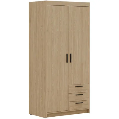 Produktbild von Drehtürenschrank ELENA 2D Eiche geölt mit schwarze Griffe - Kleiderschrank 90 cm mit 3 Schubladen und glatten 2 Türen