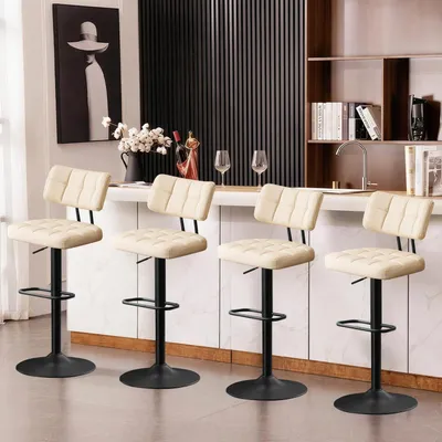 Produktbild von Barhocker 4er Set, höhenverstellbar, Kunstleder, drehbar, mit Rückenlehne und Fußstütze, Beige