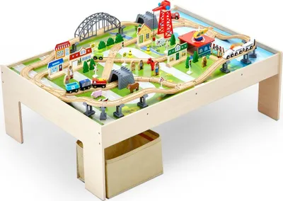 Produktbild von 3-in-1 Holzeisenbahn-Set für Kinder - 120-teiliger Aktivitätstisch aus Holz - Spieltisch für Kinder mit Eisenbahnset