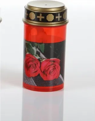 Produktbild von Schlaraffenland LED Grabkerze mit Motiv, Rose, rot 13 cm, Brenndauer von bis zu 200 Tagen, flackerlicht, Grablaterne Wind- und Regenfest, Grablampe