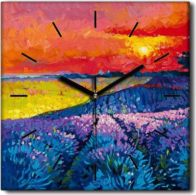 Produktbild von Coloray Uhr auf Leinwand 30x30 cm Wand Uhr Dekoration Wohnzimmer Segeltuch schwarze Hände -Lavendelwiesenhimmel