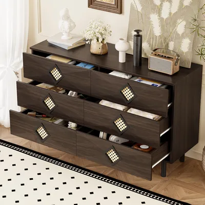 Produktbild von MODFU Wohnzimmerschrank Sideboard mit Rattan-Griffen, Schminktisch mit 6 Schubladen, Beistellschrank mit Metallbeinen, modernes Nussbaum