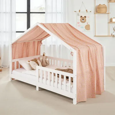Produktbild von Hausbett Himmel LIAN in rosa/ gold - Betthimmel aus 100% Baumwolle, Baldachin Musselin zweilagig, Bettvorhang für Kinder, Hausbett Deko