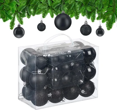 Image de Lot de 50 boules de Noël Relaxdays, en plastique, boules scintillantes, mates et brillantes, décorations pour sapin de Noël, noir
