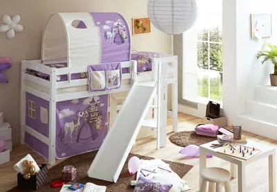 Produktbild von Podestbett mit Rutsche "Tino" Buche Weiß Motiv (Horse (Lila))
