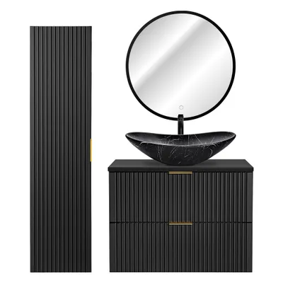 Produktbild von Badmöbel Set mit 81cm Waschtisch, Hochschrank, LED-Spiegel und Keramik-Waschbecken, schwarz matt gerillte Front, ADELAIDE-56-BLACK, B/H/T ca. 130/200/46,5 cm