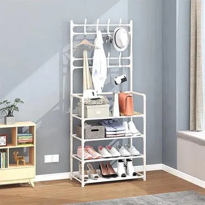 Obrázek produktu pro Uniqoos® Nástěnný věšák 3 v 1 se stojanem na boty, 8 odnímatelných háčků – úsporný systém pro oděvy, kov (ocelové trubky), bílý, 154 x 80 x 29,5 cm
