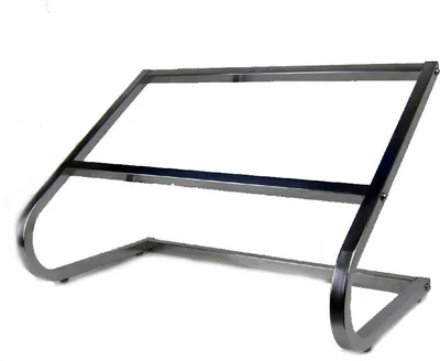 A stainless steel stand with an angled top and a lower shelf.