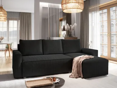 Produktbild von Masseno Ecksofa POTARO mit Schlaffunktion L-Form, Sofa mit Bettkasten, Wohnzimmersofa, Couch, Soffa, Bettsofa, Couchgarnitur- Schwarz, POSO 135