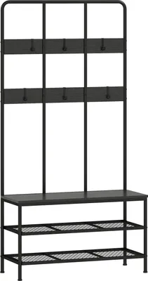 Zdjęcie produktu dla Wieszak na ubrania 3 w 1 z ławką i półką na buty, czarny metal