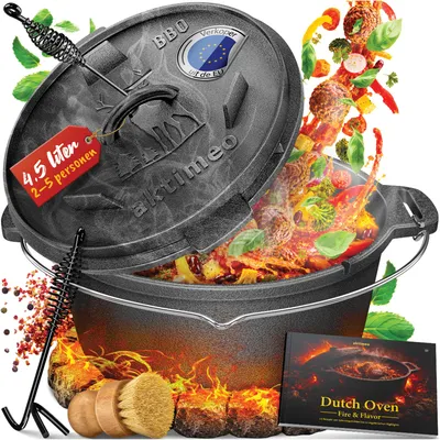 Productafbeelding van aktimeo Dutch Oven 4,5 L gietijzeren pan met deksel incl. accessoires en receptenboek