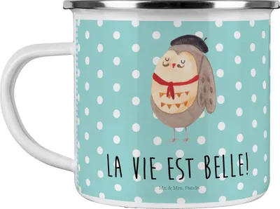 Produktbild von Mr. & Mrs. Panda Emaille Tasse Eule Frankreich - Türkis Pastell - Geschenk, Teetasse, becher, Pott, Haferl, La Vie Est Belle, Französisch, Blechtasse