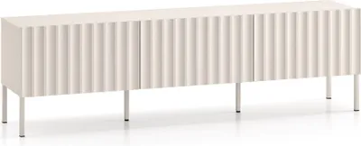 A light beige TV lowboard with fluted fronts and thin metal legs, presented on a white background.