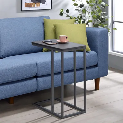 Produktbild von Beistelltisch DEBORA, praktischer Wohnzimmertisch in C-Form, schöner Couchtisch Tischplatte rechteckig in grau, eleganter Sofatisch mit Metallgestell in grau