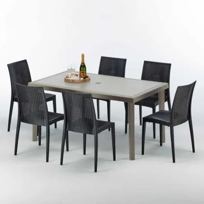 Produktbild von Polyrattan Tisch Rechteckig mit 6 Bunten Stühlen 150x90 Beige Marion