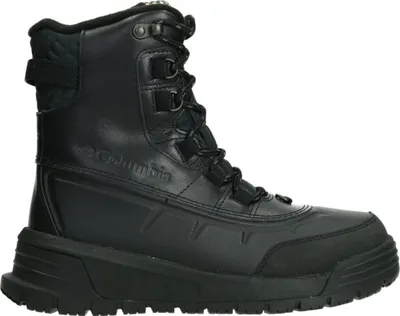 A black Columbia winter boot shown from the side.
