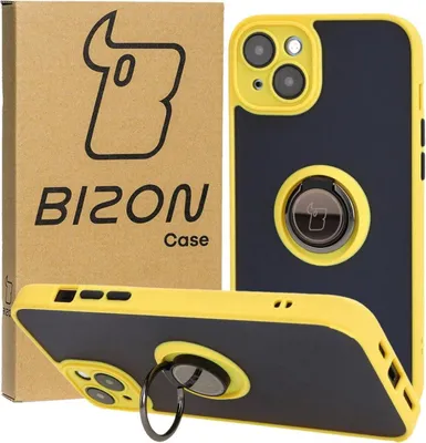 Produktbild von Bizon Case Hybrid Ring Fingerringhülle für iPhone 15 Plus, Rauch mit gelbem Rahmen