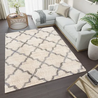Produktbild von Teppich Wohnzimmer Schlafzimmer Modern Design Shaggy Hochflor Langflor Creme  160 x 230 cm