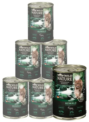 Produktbild von Dehner Wild Nature Katzenfutter Auwald, Nassfutter getreidefrei / zuckerfrei, für ausgewachsene Katzen, Hirsch / Truthahn, 6 x 400 g Dose (2.4 kg)
