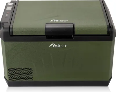 A green portable refrigerator with a black handle and controls.
