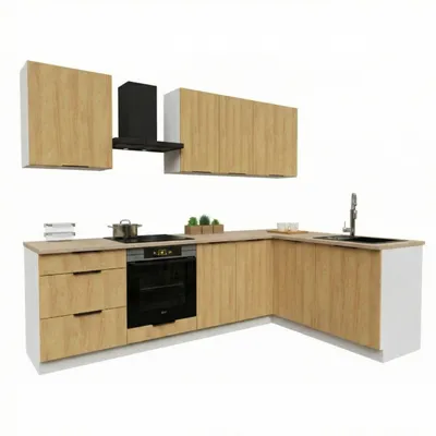 Obrázek produktu pro Rohová kuchyňská linka - 260x170 cm - Dub Hicora - 8 skříněk - s béžovou pracovní deskou - moderní sestava nábytku - BONO