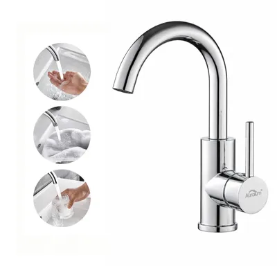 Produktbild von Waschtischarmatur 360° Drehbar Messing Chrom, Bleifrei Kalt Warm, Auralum MAX, Badarmatur Wasserhahn Bad, Mischbatterie Waschbeckenarmatur Silber