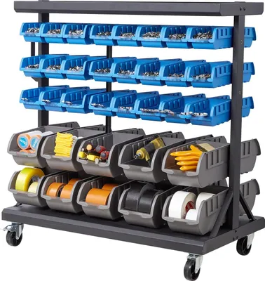 Obrázek produktu pro Pojízdný regál s průhlednými boxy – pojízdný regál na drobné díly – oboustranný – 5 úrovní – 68 stohovacích boxů ve dvou velikostech – 90 x 50 x 95 cm