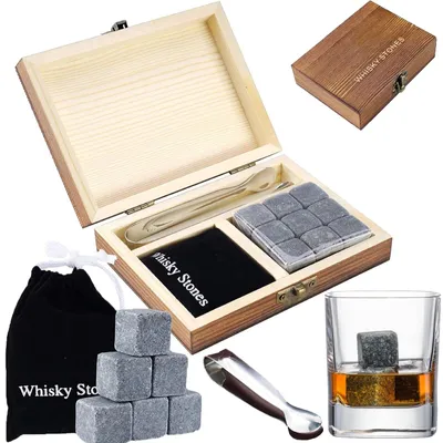 Kühlsteine für Whisky, 9 Granitsteine in Holzbox mit Samtbeutel