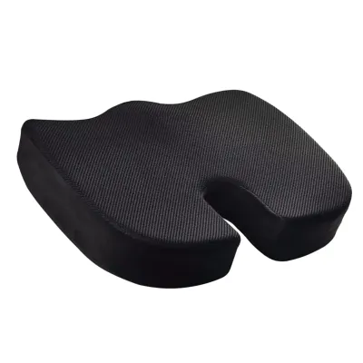 A black U-shaped seat cushion with a textured surface, shown from a side angle against a white background.