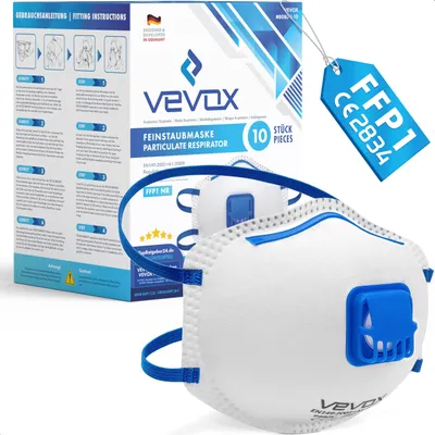 Produktbild von VEVOX® FFP1 Maske mit Ventil – 5er, 10er oder 20er Set – Staubmaske – Atemschutzmaske – Staubschutzmaske – Feinstaubmaske – Atemschutz