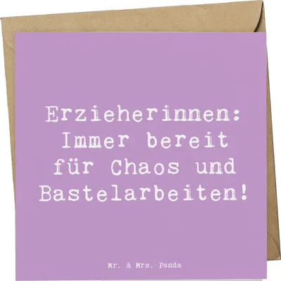 Produktbild von Mr. & Mrs. Panda Glückwunschkarte Spruch Erzieherin Chaos - Lavendeltraum - Geschenk, anlasskarte, Beruf, Geduld, Berufe, Geschenke für Berufstätige, doppelkarte