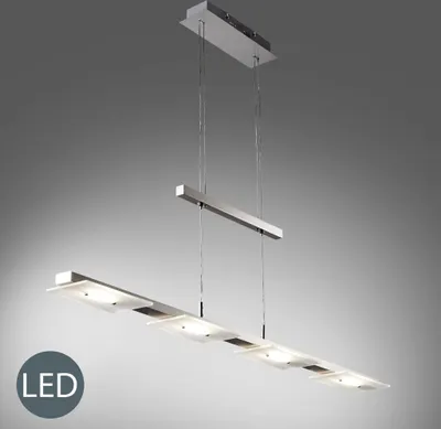 A modern pendant light with multiple square shades, suspended from a ceiling mount.