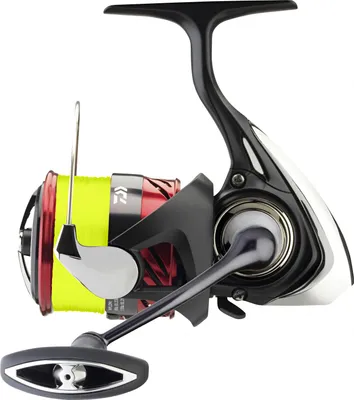 A studio shot of a fishing reel on a white background.