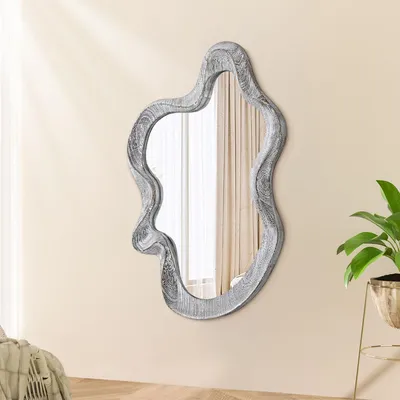 Image de Miroir mural, cadre en bois, forme asymétrique en forme de nuage, couleur noire, dimensions 55 x 37 cm