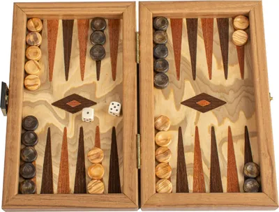 Produktbild von Manopoulos Premium Backgammon Set – Olivenwurzelholz & Olivenholz-Steine – Mini (20x12 cm)