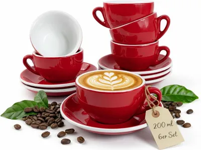 Produktbild von MUVELL 6er Cappuccino / Kaffee-Set "ROM" inkl. Tasse 200ml + Untertasse 16cm, rot