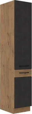A tall, narrow cabinet with a wood-grain texture on the left side and a dark, textured surface on the right side, divided into two sections by a thin drawer.