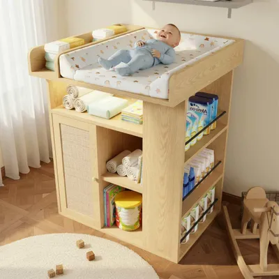 Image de Table à langer avec tiroirs, grand espace de rangement, éclairage LED réglable et espace à langer séparé – Idéale pour la chambre de bébé, design en bois naturel