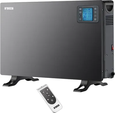 A black Noveen CH7100 LCD Smart Konvektorheizung with a remote control.