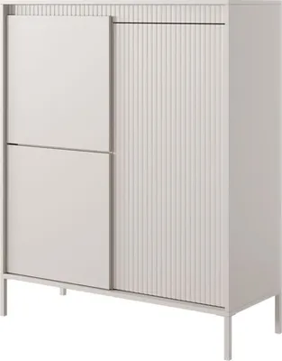 A beige cabinet with two doors, one of which is partially open, revealing a ribbed texture behind it. The cabinet is supported by thin metal legs.