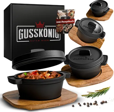 Produktbild von Gusskönig 4er Mini Dutch Oven-Set mit Untersetzer und Rezeptbuch