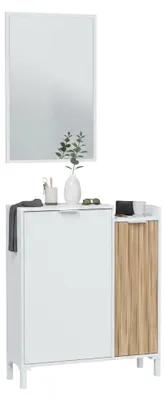 Produktbild von Flurmöbel Dodd, Flur mit 2 Türen, Kleiderschrank mit Spiegel, Multifunktionsaufbewahrung, 77x24h91 cm, Weiß und Eiche